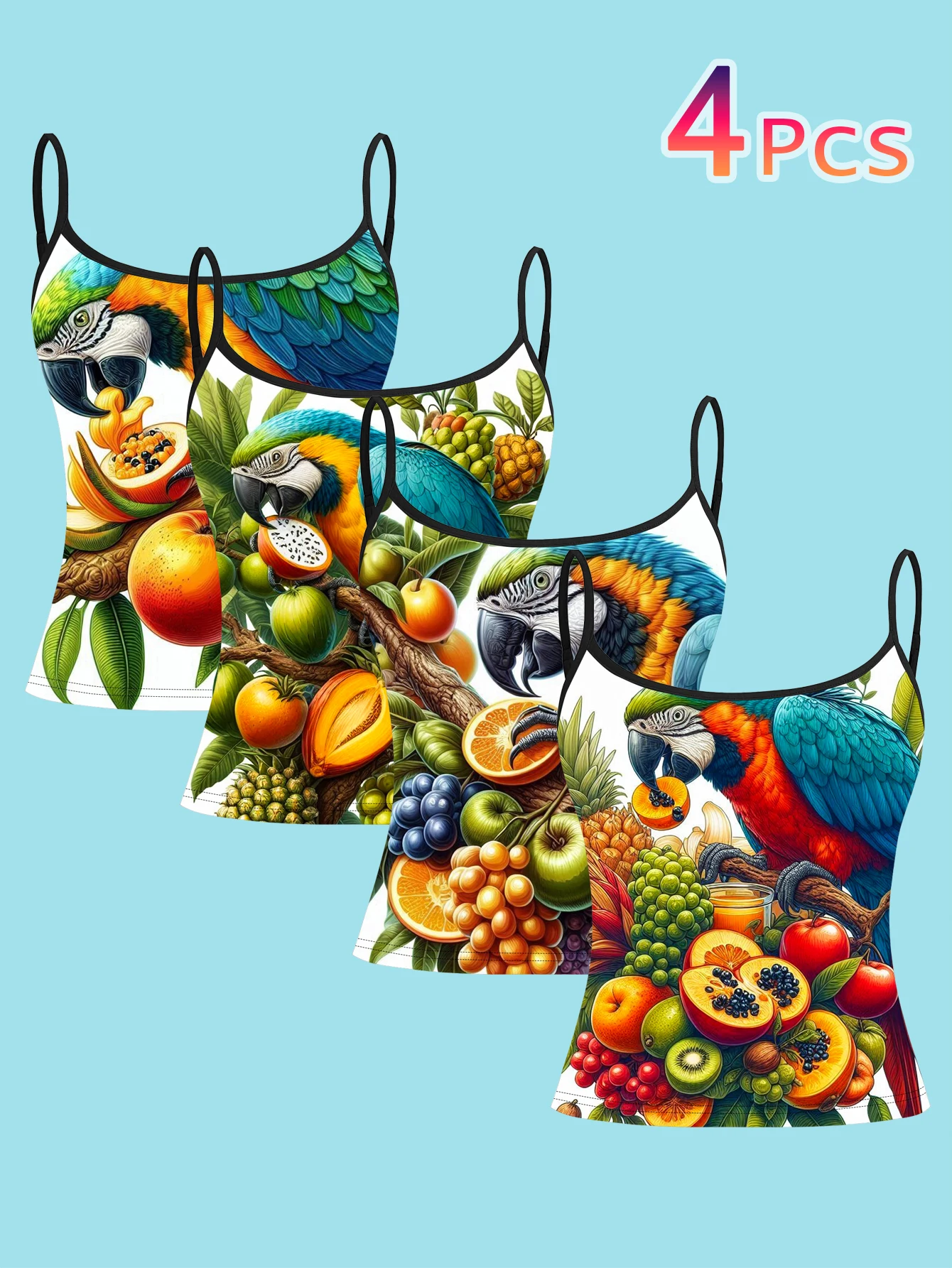 4-Piece Set of Jungle Parrot Fruit Pattern Camisole Set, Tropical Fruit Print Women's Spaghetti Strap Inner Layering Top