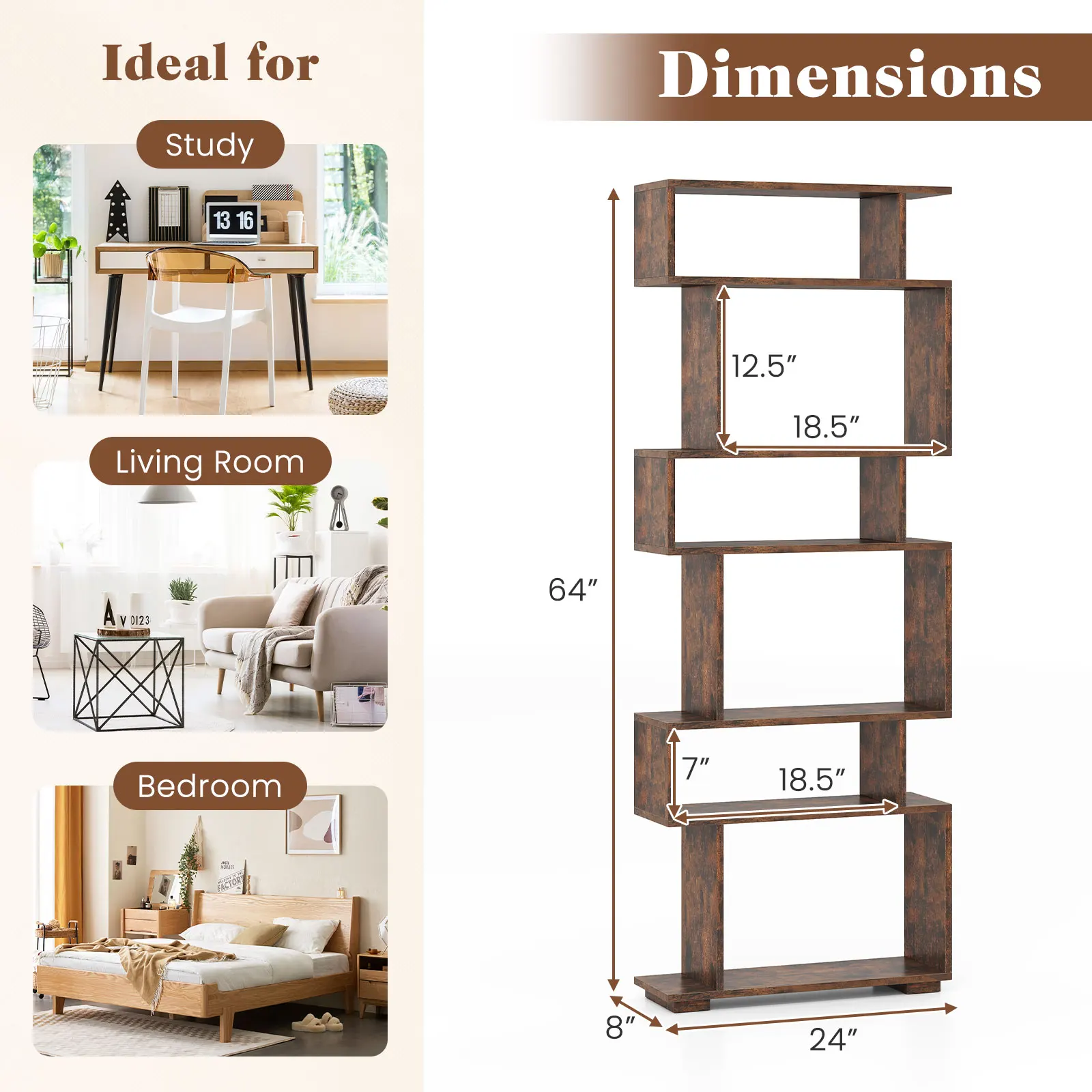 6-tier Storage Bookshelf S-shaped Geometric Bookcase w/ Anti-toppling Kits image 6