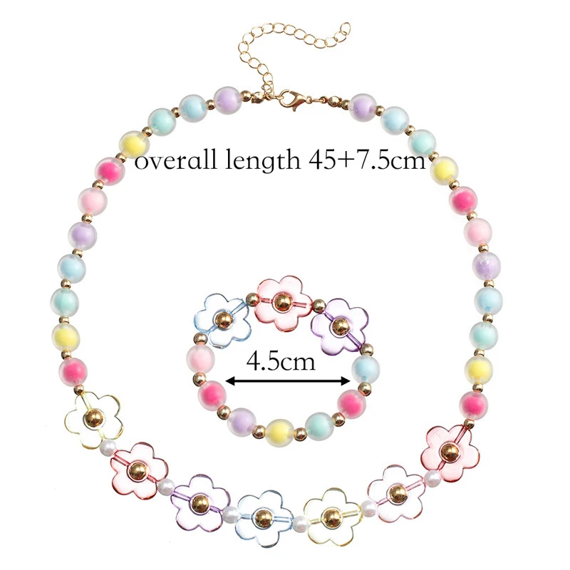 2Pack Princess Baby Girl Flower Beaded Chain Necklace with Bracelet Jewelry Set for Girls Daughter Party Birthday Gift