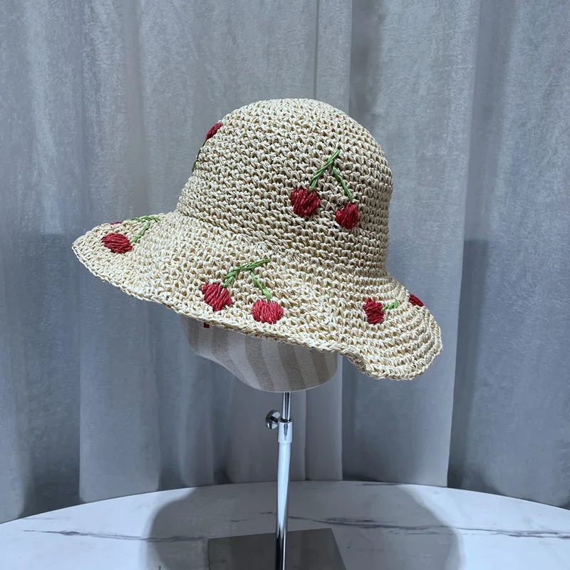 

Summer Handmade Crochet Cherry Straw Hat Sun Hat Wide Brim Floppy Summer Hat Women's Beach Panama Grass Dome Fisherman Hat Women