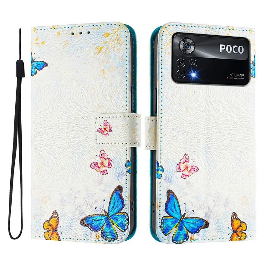 Flip Case Voor POCO X3 X4 X5 X6 Pro Neo GT NFC 4G 5G Leuke Kat Vlinder bloem Schilderij Portemonnee Kaart Stand Telefoon Boek Cover Capa