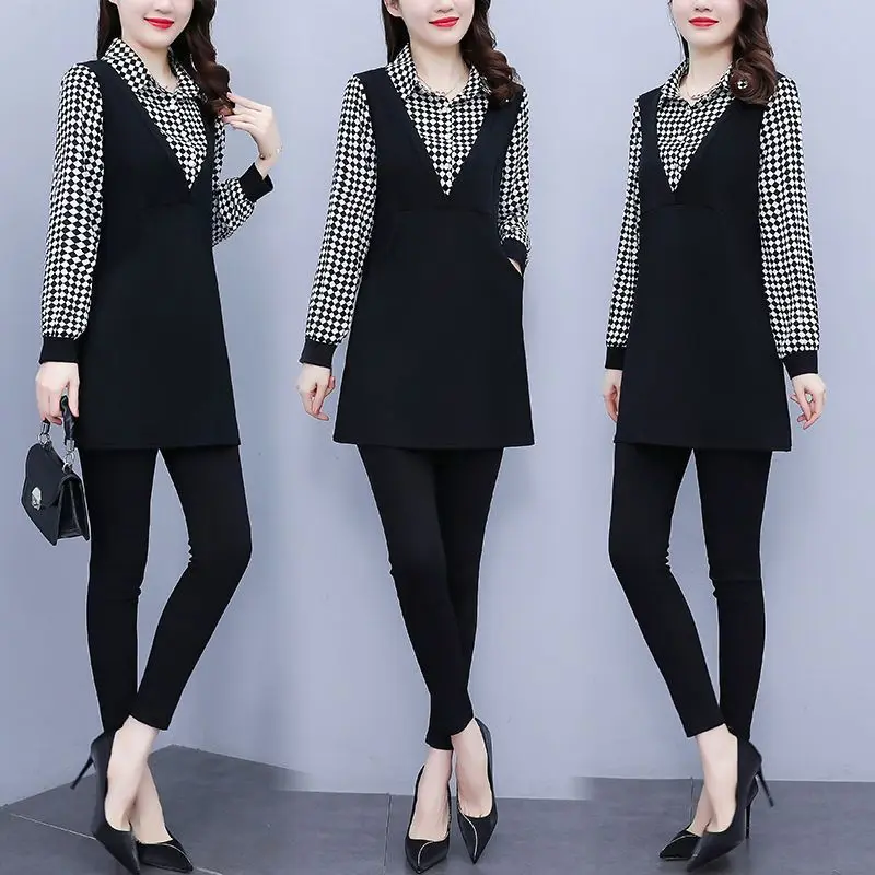 New Women\'s Clothing Shirt Polo-Neck Long Sleeve Office Lady Commuter Fake Two Pieces Elegant Plaid Striped Button Pullovers