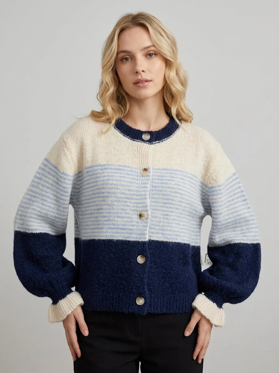 Kawaii Color Block Patchwork Striped Knitted Cardigan Contrasting Color Casual Loose Soft Plush Knitted Women's Sweater Jacket 2