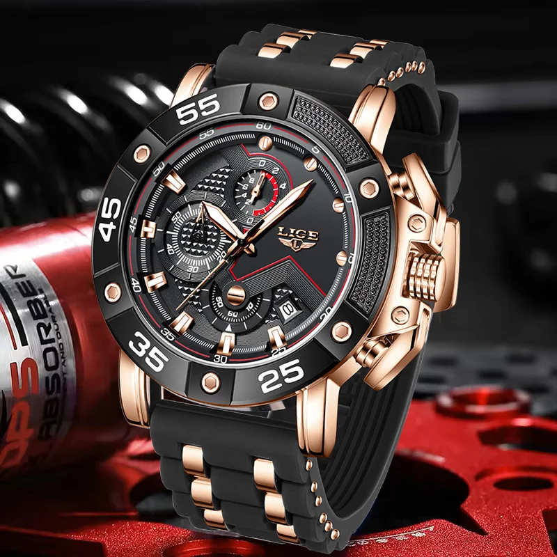 

LIGE повседневные спортивные часы для мужчин, силиконовые водонепроницаемые мужские наручные часы с хронографом, модные светящиеся кварцевые часы с большим циферблатом для мужчин