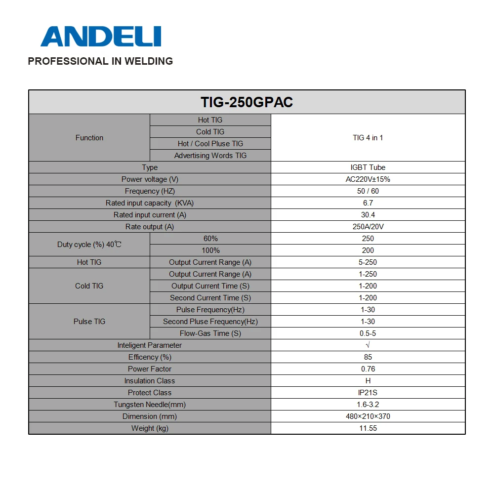 

ANDELI TIG-250GPAC для производителя каналов, рекламных букв, сварки слов, сварочный аппарат TIG, сварочный аппарат из нержавеющей стали, DC TIG
