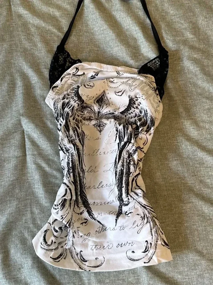 

2000s spicy girl punk rock subculture black fake two piece lace neck hanging suspender top T-shirt Emo y2k girl