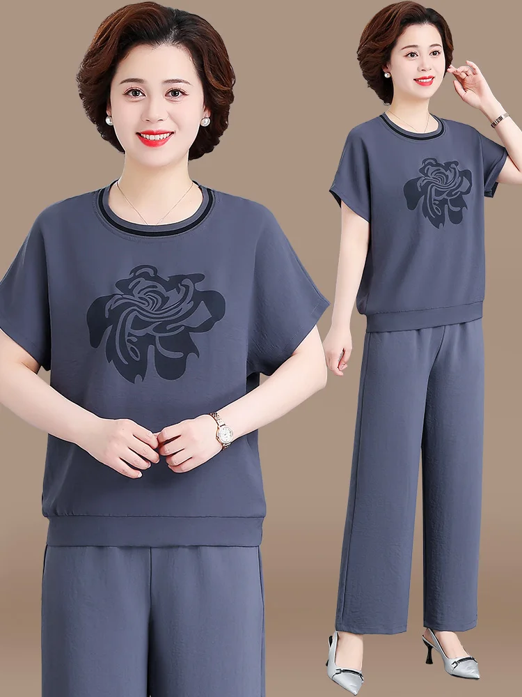 

Summer Faion Sport Cotton Linen Two-Piece Set ort Sve Women's Mid-Aged Mom Outfit round Ne Big Flower Pattern Loose Fit