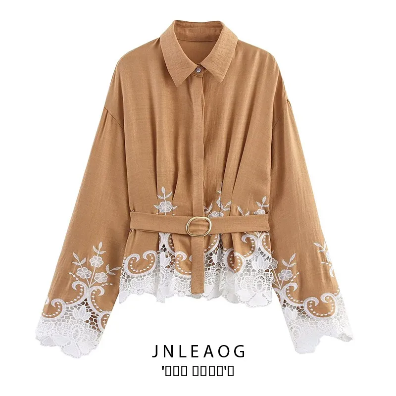 JNLEAOG Faion décontracté brodé évider banlieue Sle irt femmes coupe ample Polyester longue motif à rayures Sve