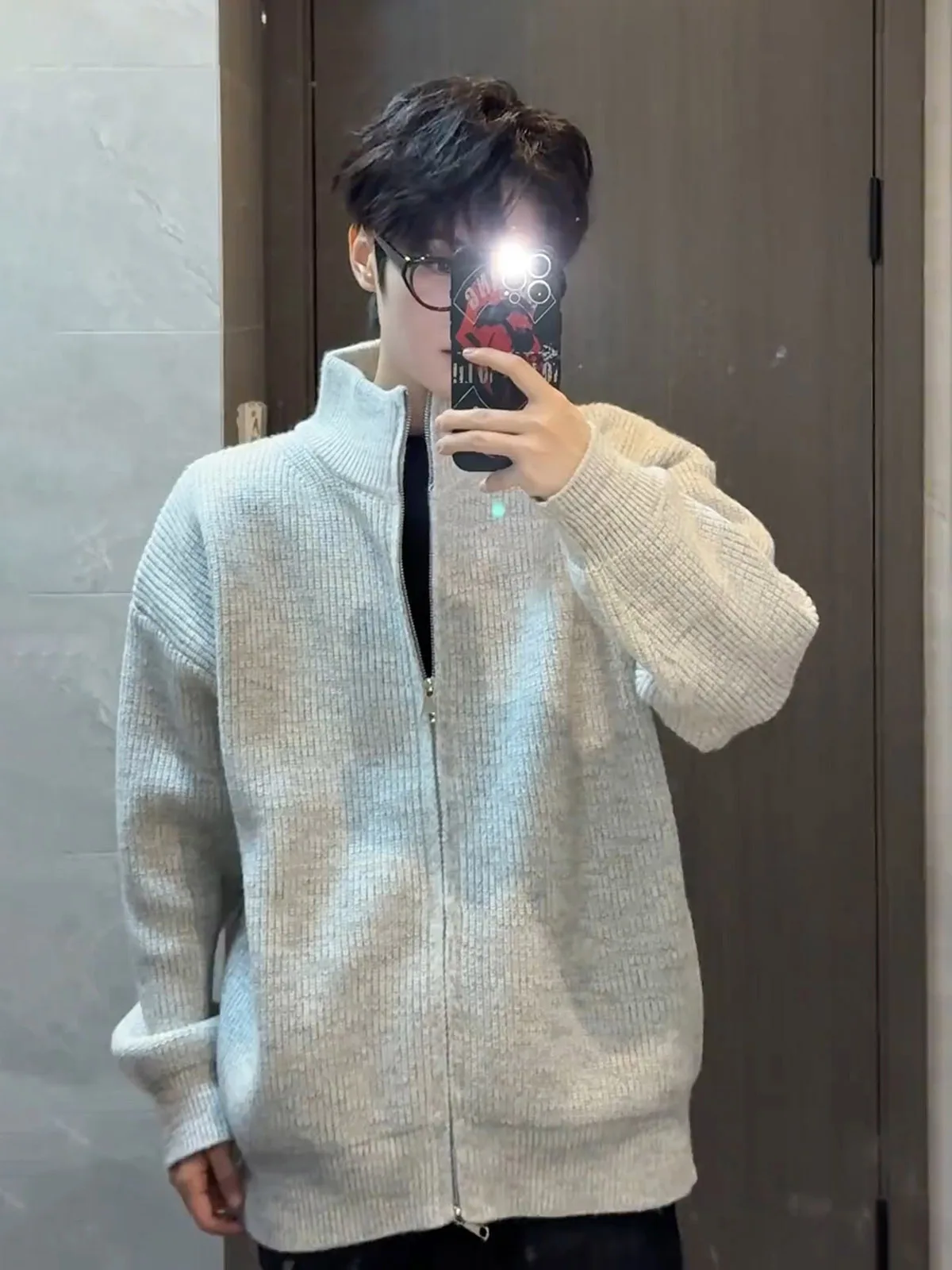 

Heavyweight Double Zipper Open Cardigan Long Sve ey Knit Loose Fit American Sle Stand Collar Outerwear for Men