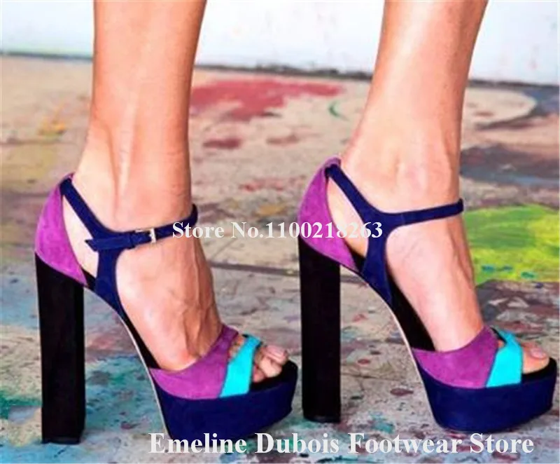 Suede Patchwork Chunky Heel Sandals Emeline Dubois Newest Mixed-colors Peep Toe High Platform Thick Heel Shoes Party Heels