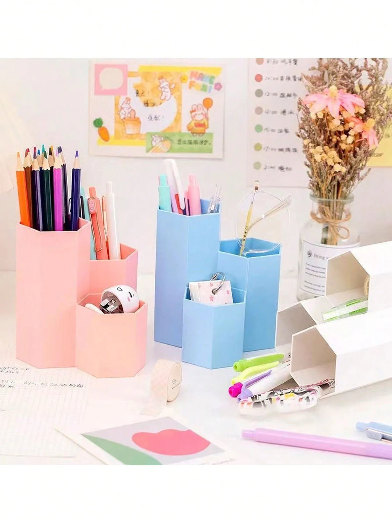Hexagonal Desktop Pen Holder With Three Compartments. Cute Multifunctional Organizer for Student Stationery and Daily Storage.