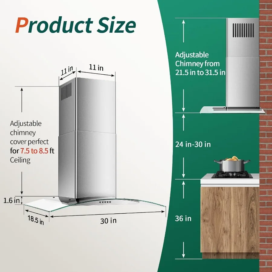 30 Inch Wall Mount Range Hood for Kitchen with Convertible Ducted/Ductless Ventilation System Stainless Steel Chimney Design Ba