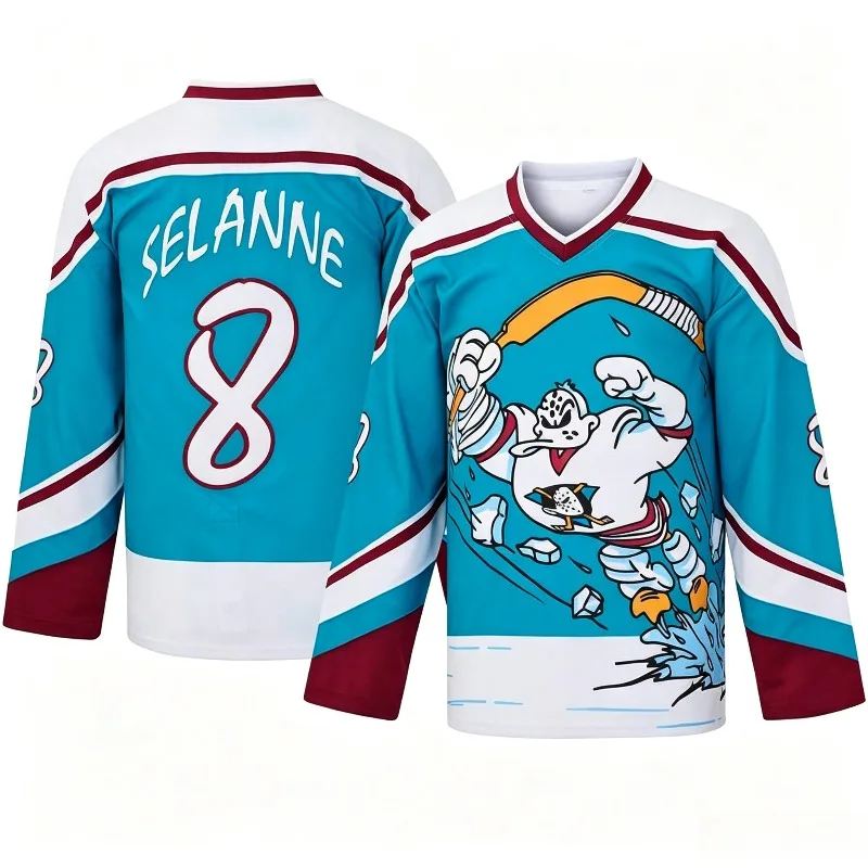 Retro Cartoon Duck 3D Print Ice‑Hockey Jersey Unisex Selanne 8 Inspired Burgundy V‑Neck Long Sleeve Fan Sports Collectible Top