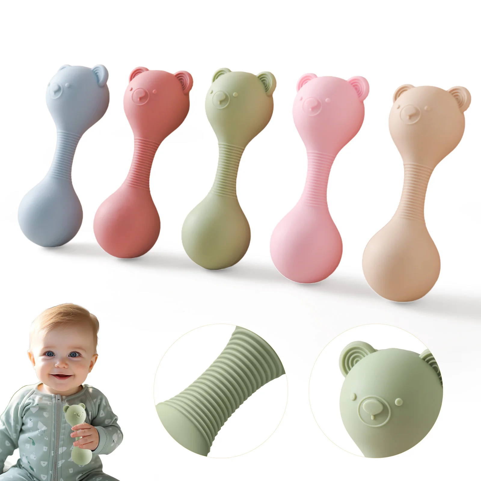 1PC Baby Rattle Toys Silicone Animal Cartoon Bear Sand Hammer Toys Newborn Bed Bell Rattle BPA Free Silicone Teether Toys Gifts