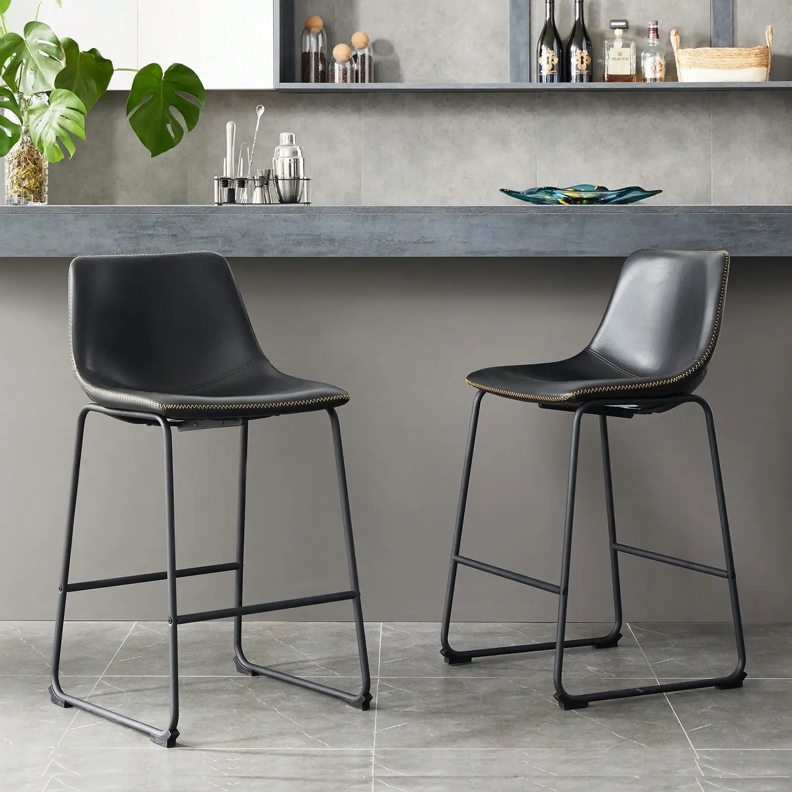 

26 Inch Counter Height Bar Stools Set Of 2, Modern Faux Leather High Barstools With Back And Metal Leg For Kitchen Lsland