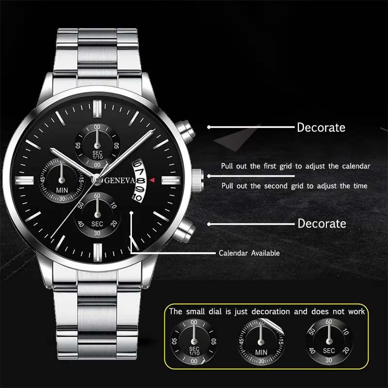 Montre-bracelet à quartz en acier inoxydable pour homme, argent, horloge calendrier, luxe, affaires, mode
