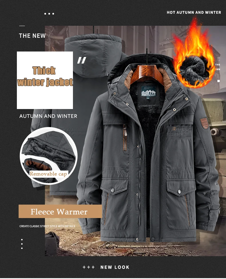 

Thick Coat Winter Outdoor Running Sports Windproof Warm Fleece Hooded Cargo Jacket Men Removable Hood Thick Warm Fleece Jacket
