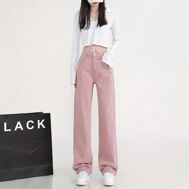 

Pink High Waist Slimming Jeans Summer Pear aped Cleanfit Sle Mid-Elastic Straight Leg Pants for Middle-Aged Women