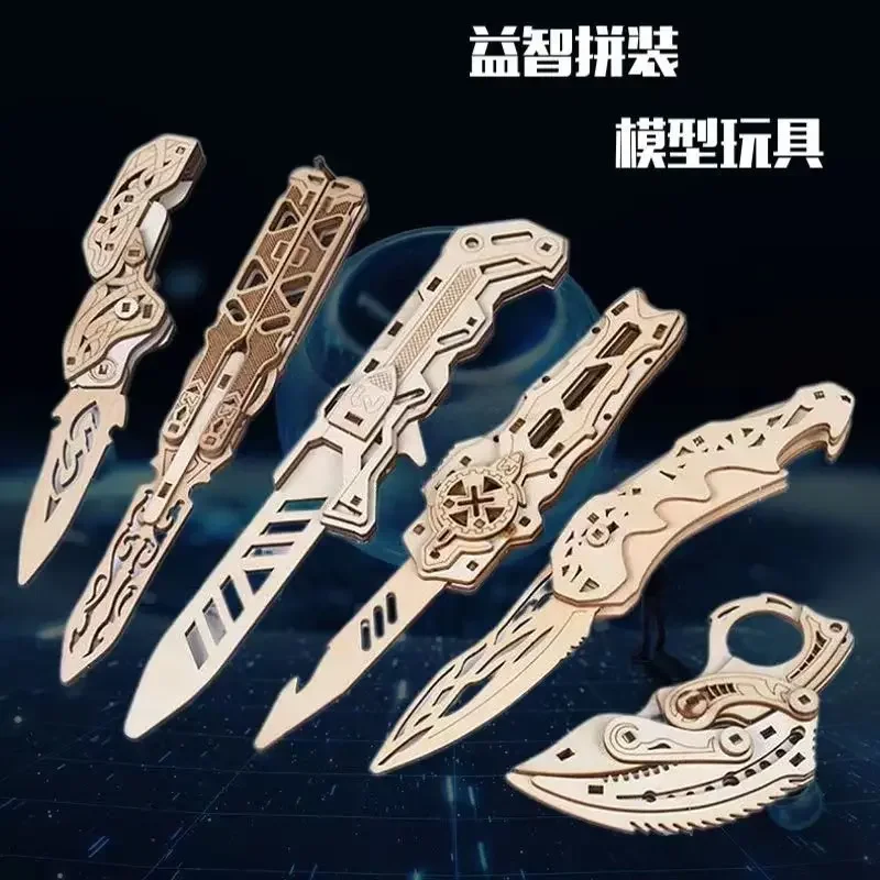 Wooden Puzzle 3D Model Butterfly Scimitar Folding Knife Wooden Karambit Handmade Diy Boys' Puzzle Toy Birthday Gift