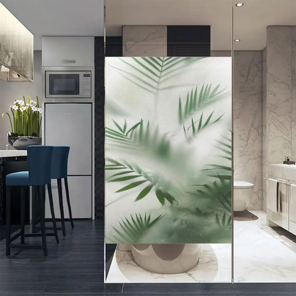 Privacy Glass Window Film Sun Blocking Glue-Free Bathroon Windows Film Green Plant Pattern Frosted Glass Door Decoration Film