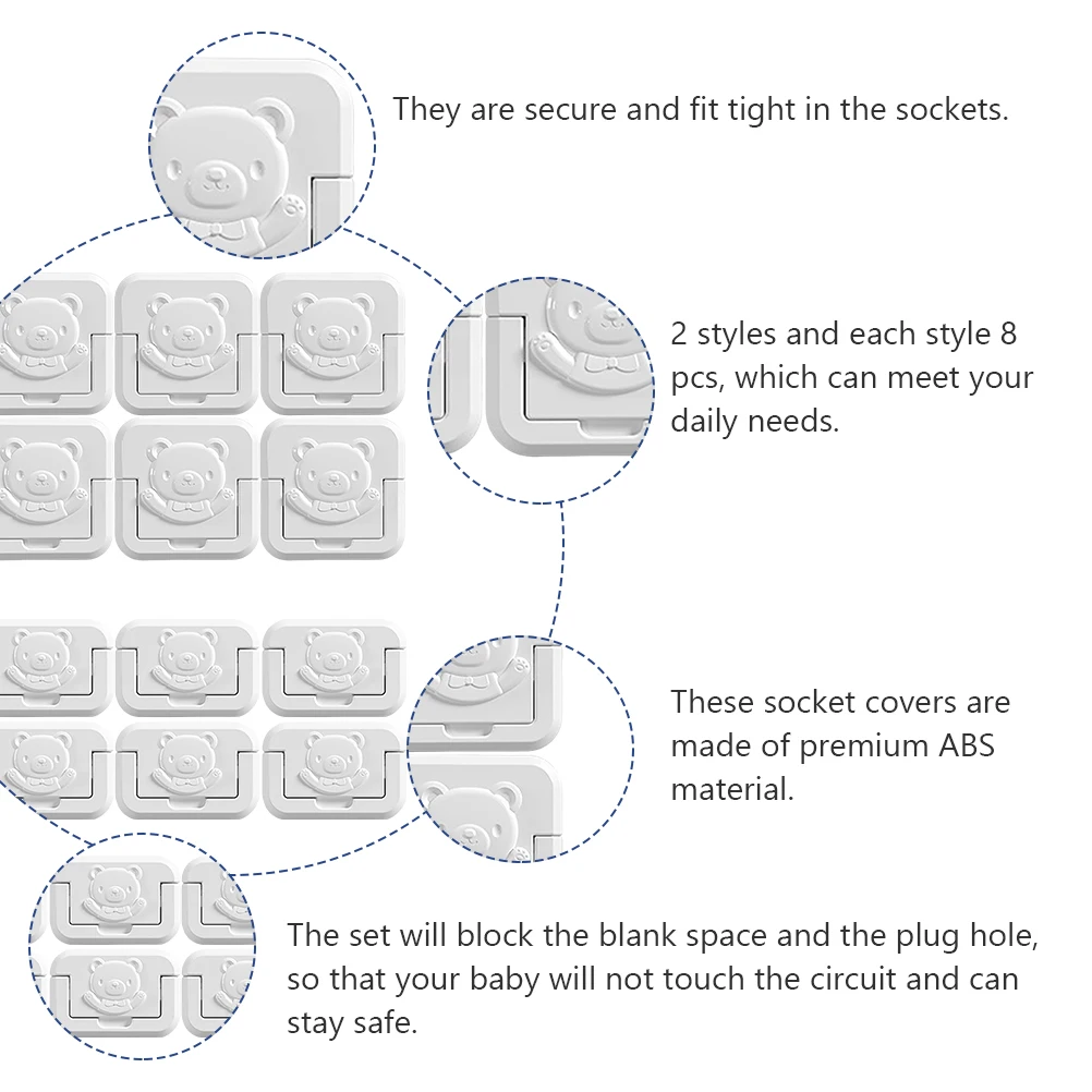 

16 Pcs Socket Safety Plug Outlet Covers Baby Proofing Electric Shock Protection White Abs Plug Covers