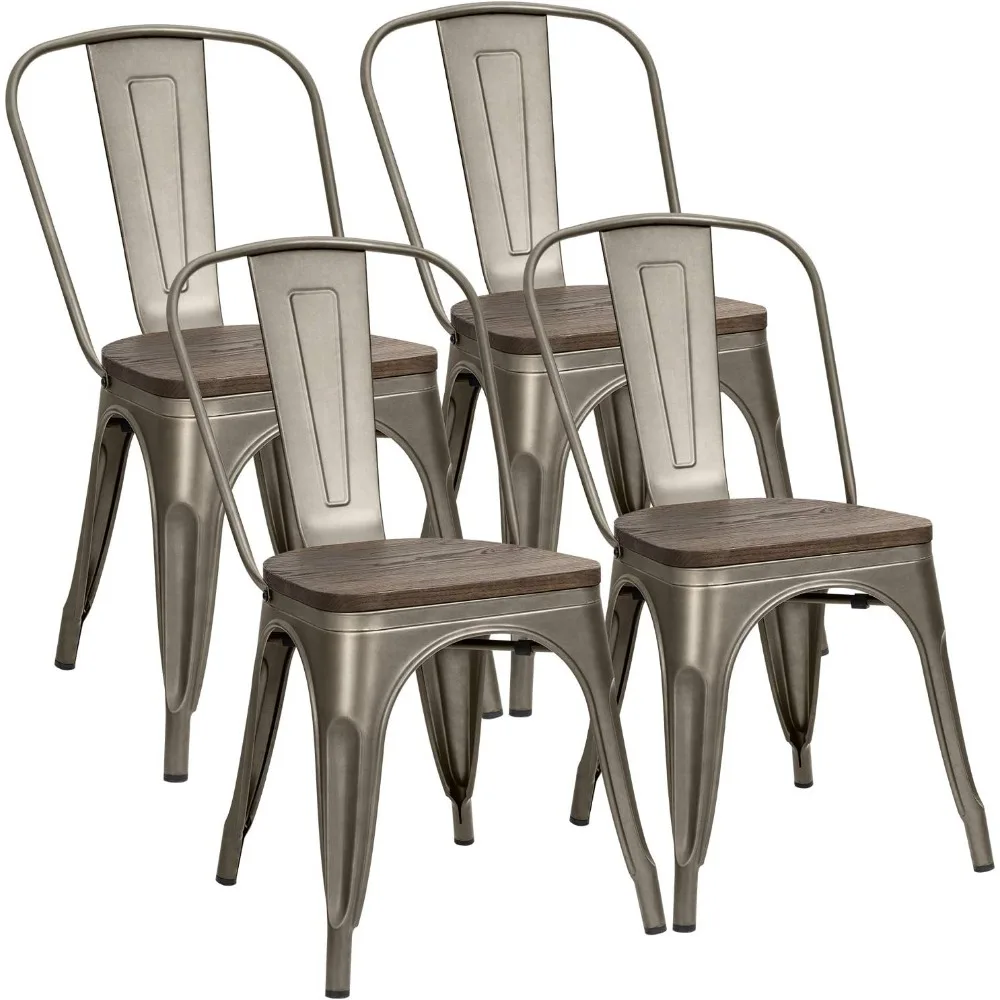 

Metal Dining Chairs with Wood Seat, Indoor Outdoor Use Stackable Tolix Industrial Metal Chairs Set of 4 for Kitchen