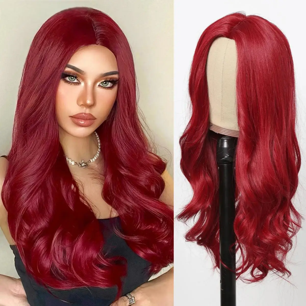 

Красный длинный волнистый синтетический парик с центральным пробором для Хэллоуина, парик для косплея для ежедневного использования, изготовлен из высокотемпературного материала для волос.