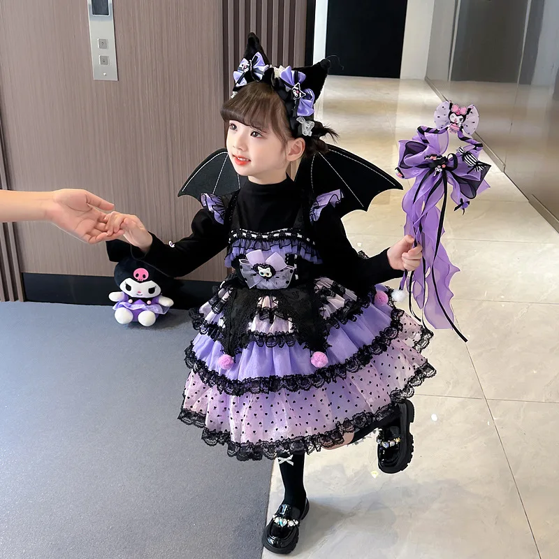 Sanrio Cosplay Kuromi Kawaii Lolita Princess Dress Spring Autumn Children's Costume Dress Puffy Skirt Suit Cute Girl Style Gifts