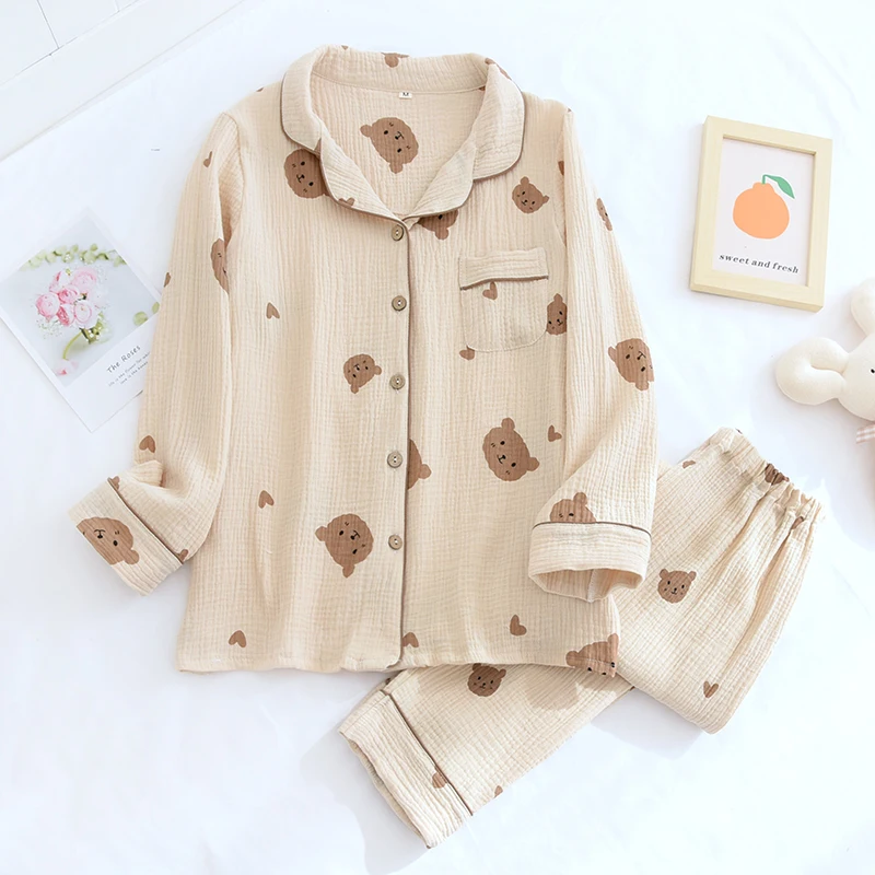 Spring Summer Autumn Couple Pure Cotton Cute Pajamas Set Sleepwear Female Long Sleeve Pijama Suit Loungewear Crepe Ladies Pyjama