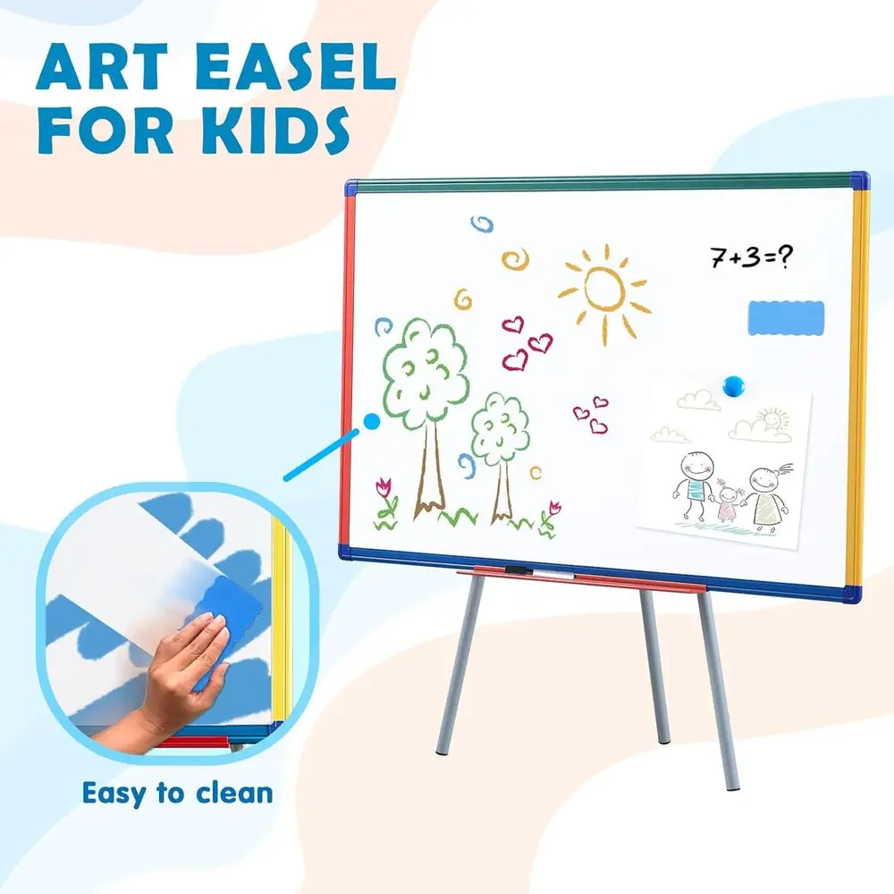 لوح مسح جاف مغناطيسي مع حامل للأطفال، 36 × 24 بوصة، سبورة بيضاء بحامل للفصل الدراسي بإطار ملون