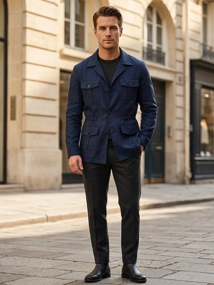 Men's Retro Cargo Jacket Spring Autumn Multi-Pocket Utility Coat Streetwear Vintage Solid Color Turn-down Collar Outwear Male