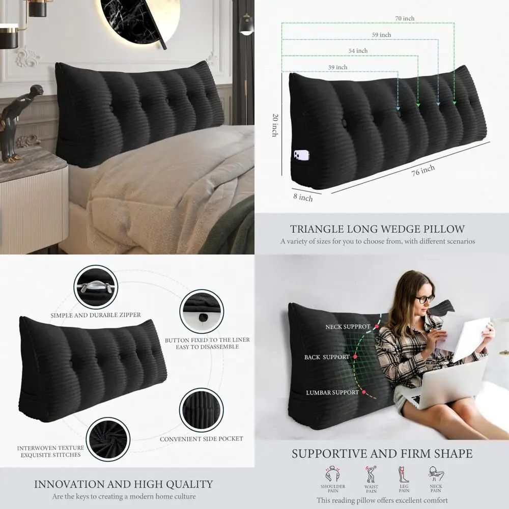 

Queen Size Fully Stuffed Padded Headboard Pillow with Soft Firm Support and Large Bolster Triangular Bed Wedge for Enhanced Comf
