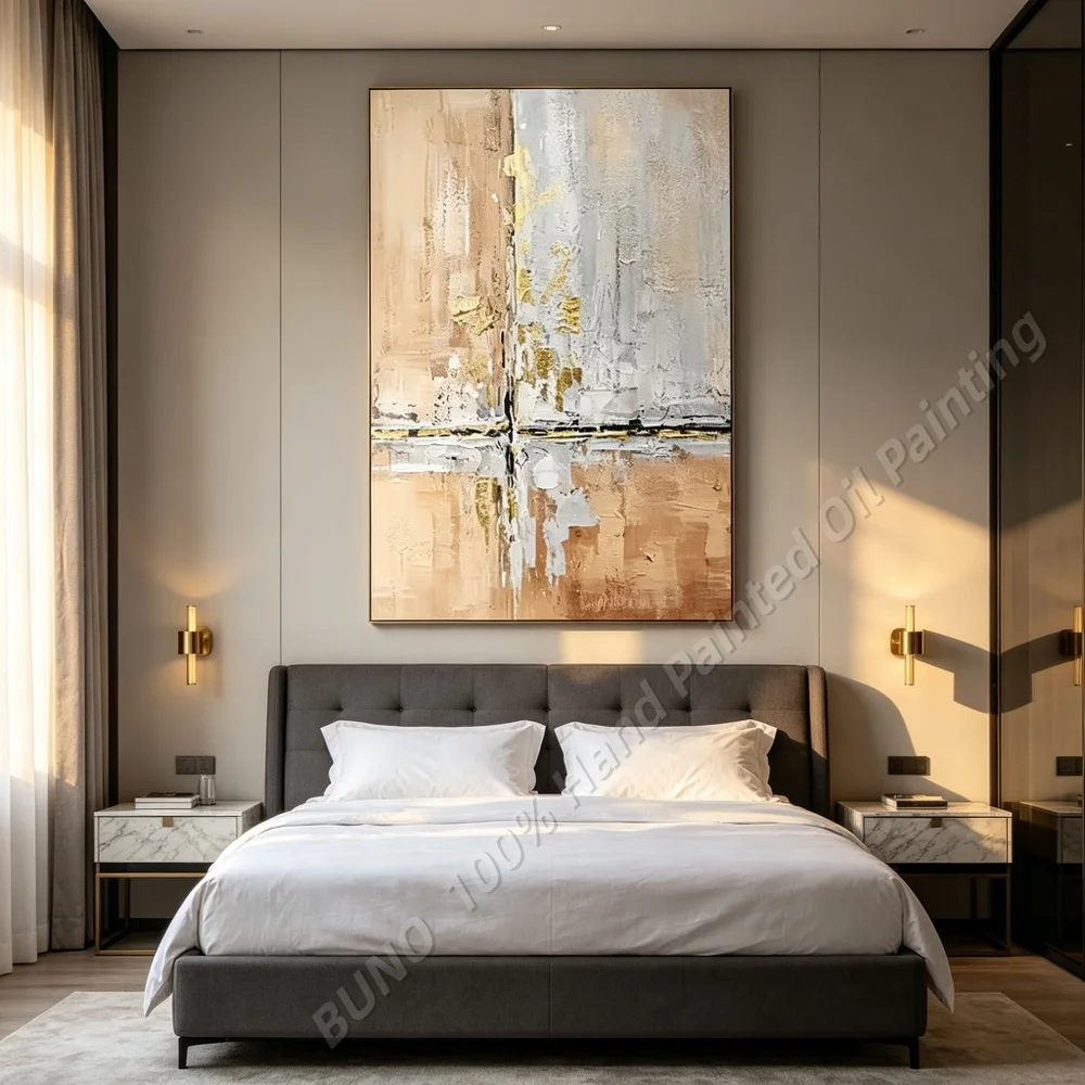 Hand Painted Abstract Oil Painting 100% Original Textured Brown Grey Landscape Wall Art for Living Room Bedroom Home Decor