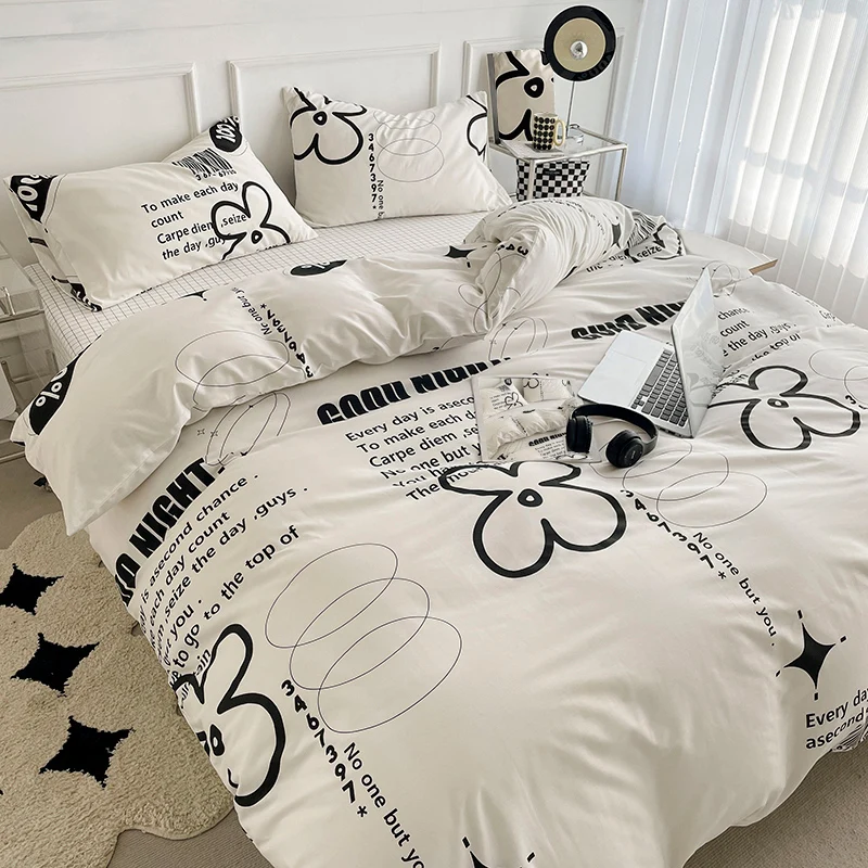 

BeddingOutlet White Duvet Cover Set Every Day is A Second Chance Geometric line Pattern Black Floral Quilt Cover With Pilowcases