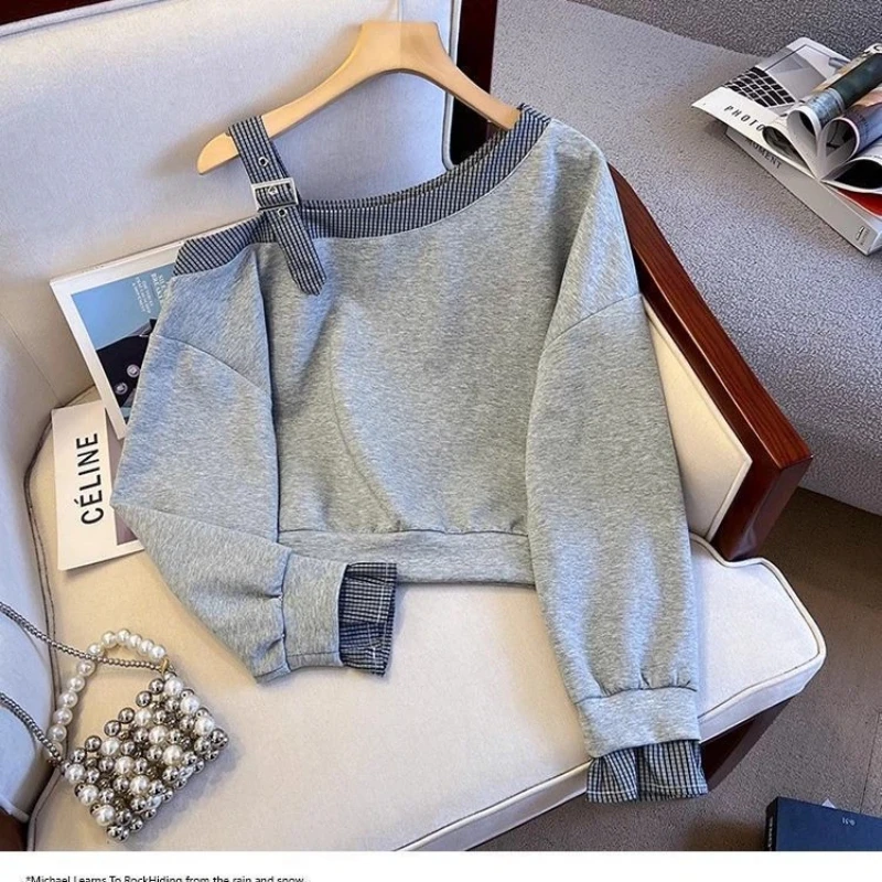 Falso dois listrado oco para fora preguiçoso hoodies moletom primavera outono manga longa solta casual topos moda tendência roupas femininas