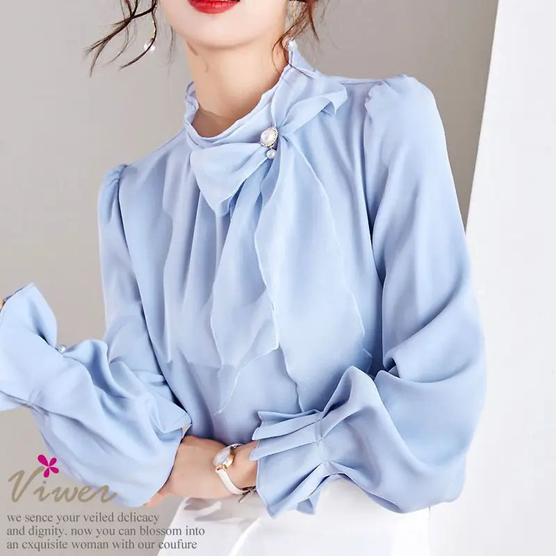 Office Lady 2023 Spring Autumn Solid Color All-match Stand Collar Blouse Fashion Bow Three-dimensional Decoration Ruffles Shirt