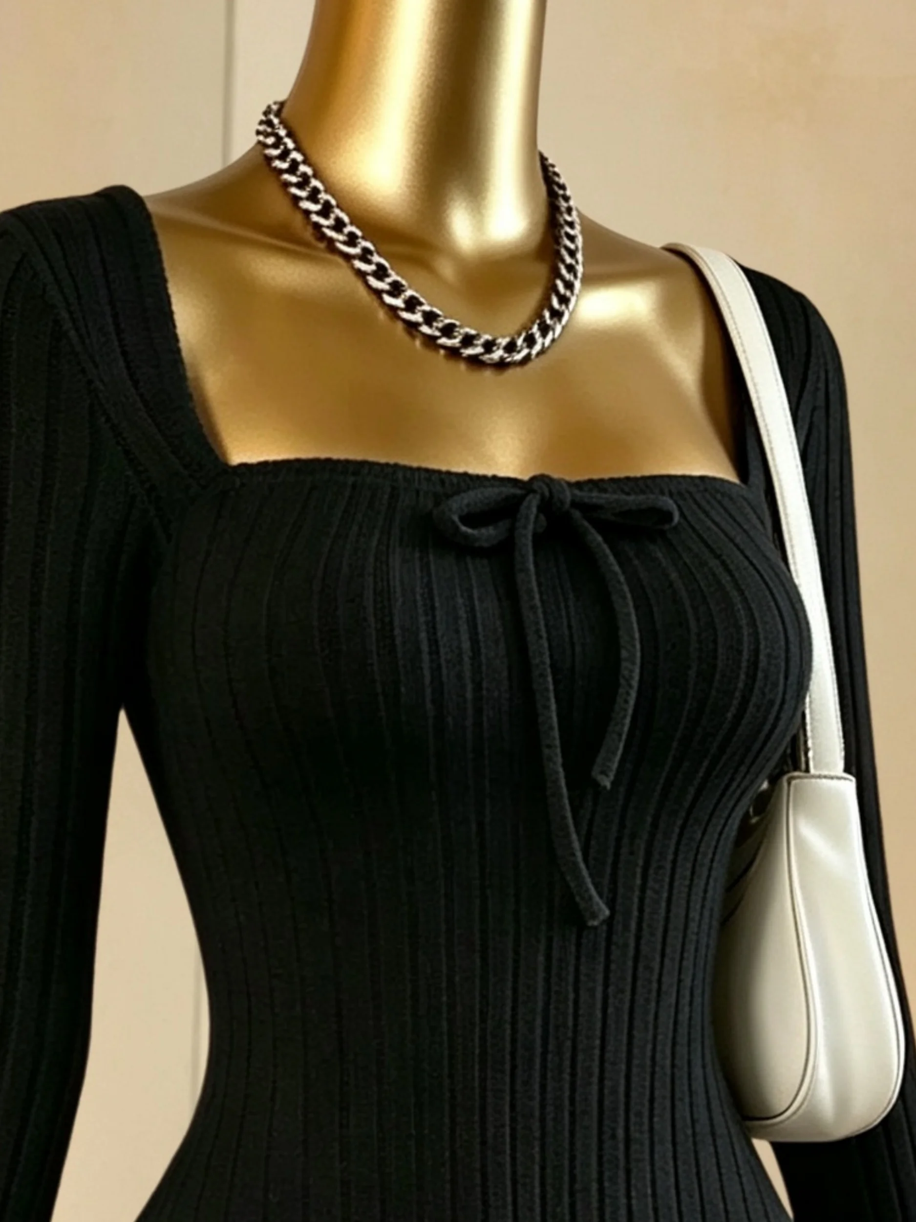 Damen-Minikleid mit quadratischem Ausschnitt, vorne gebunden, gerippt, ausgestellter Rock, lange Ärmel, tailliert, A-Linie, Y2K, sexy Kleid – Detail 5