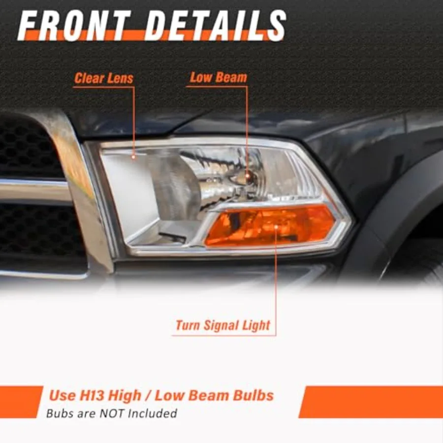 متوافق مع 20092012 دودج رام 1500 2500 3500 بيك اب المصابيح الأمامية كروم الإسكان العنبر عاكس واضح عدسة للسائق و Pa #3