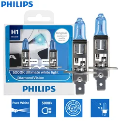 Philips H1 12V 55W P14.5s Diamond Vision 5000K Super White Light Car Halogen Bulbs Auto Headlight Lamps 12258DVS2, Pair