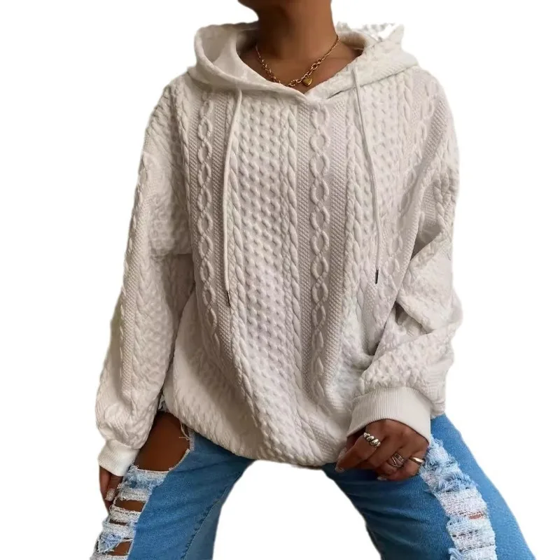Women Jacquard Knit Hoodie Casual Long Sleeve Loose Pullover Sweatshirt