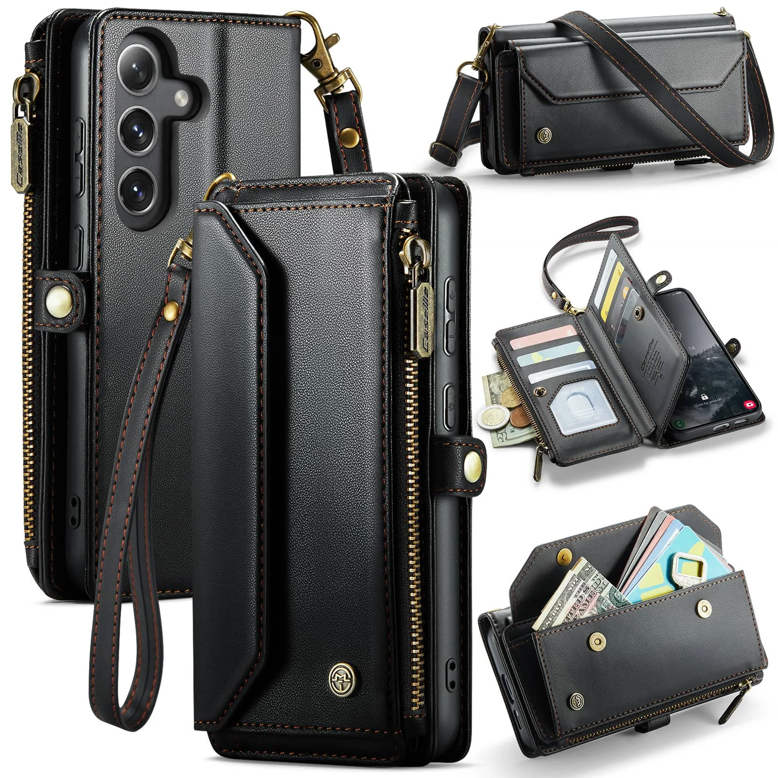 

Crossbody for Samsung Galaxy S25 FE Wallet Case RFID Blocking 10 Card Holder Zipper Pocket Magnetic Flip Wristlet Shoulder Strap