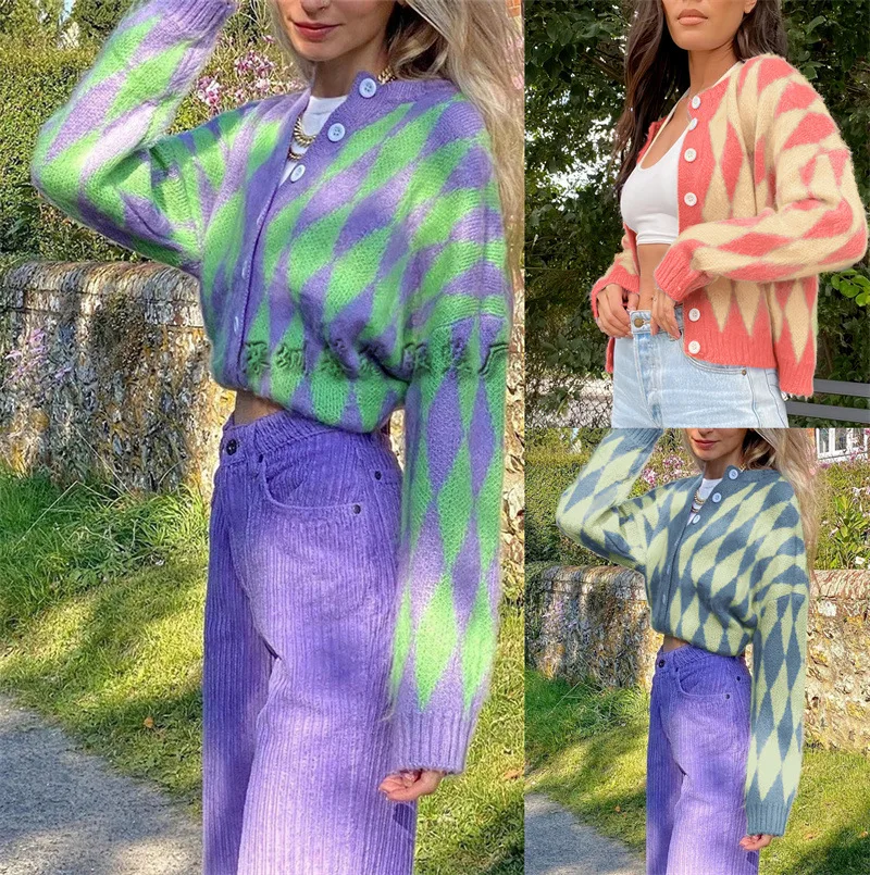 

Женский вязаный кардиган KIDCRKJ с принтом, в стиле колор-блок, с круглым вырезом, в стиле пэчворк, свободного кроя, повседневный, для женщин