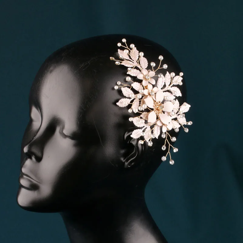 Bridal Hair Piece Pink Flower with Rhinestones and Pearls, Wedding Hair Clip for Bridesmaids, Elegant Hair Accessory for Special view 4