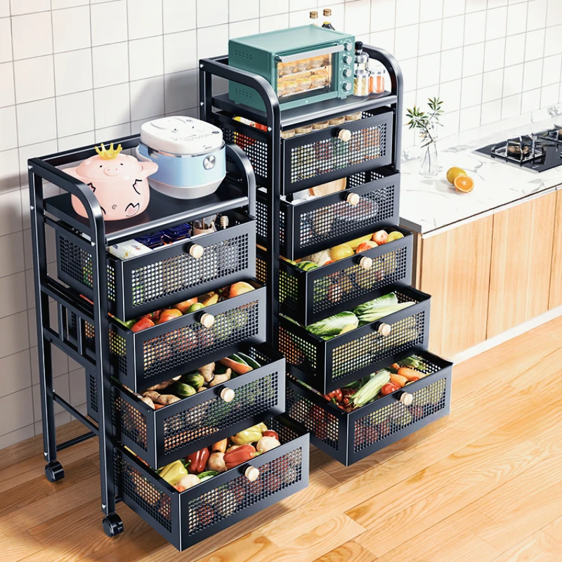 

Floor-to-Ceiling Kitchen Trolley with Basket Pull-Out Layered Storage Multi-tier Rack for Kitchen Organization Rolling Cart