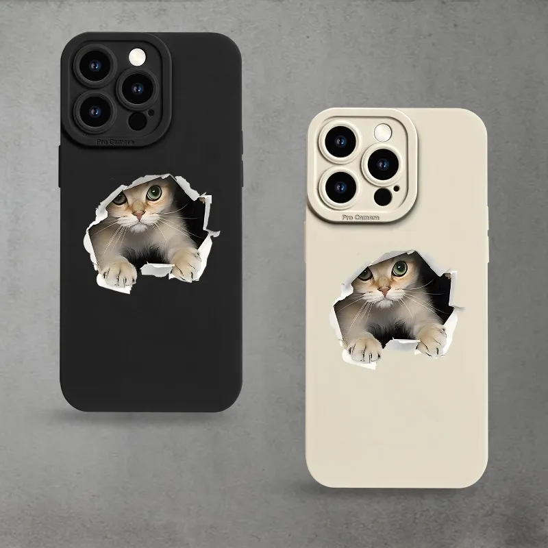 Cute cat soft phone case cave into iPhone 11 12 13 14 15 16 17 Pro Max XR X/ XS 7 8 Plus SE Mini Xmax smartphone