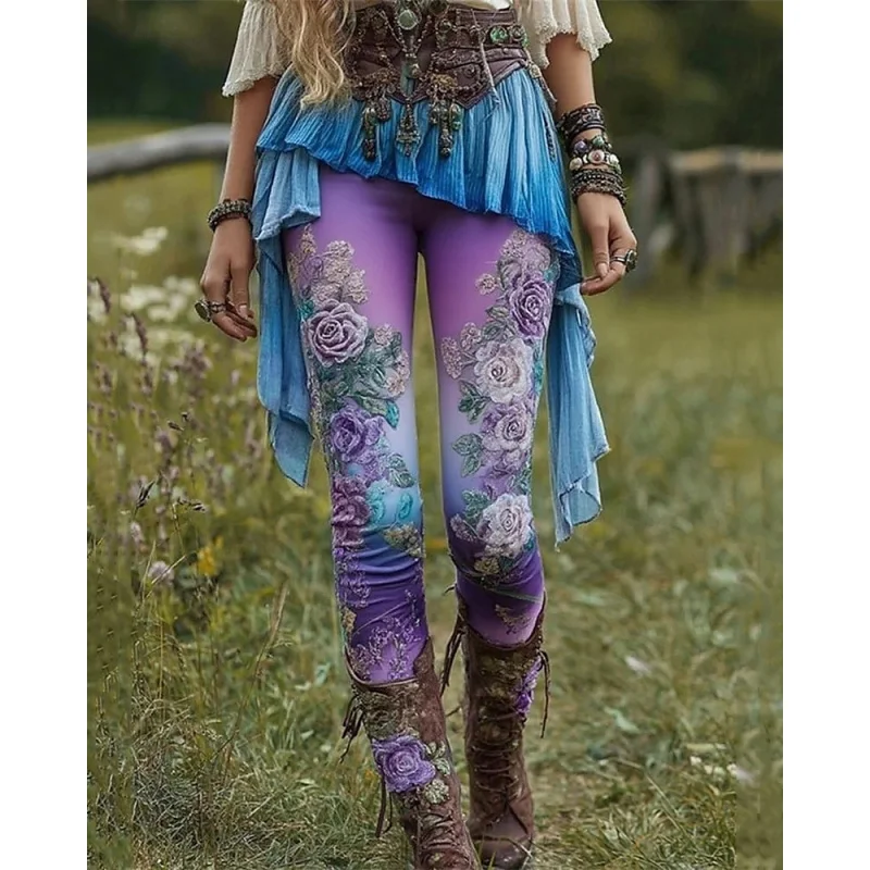 بنطلون نسائي لباس ضيق مريح كاجوال على الطراز البوهيمي زهور خصر مرن يسمح بمرور الهواء مريح قابل للتمدد في عطلة الشارع #3