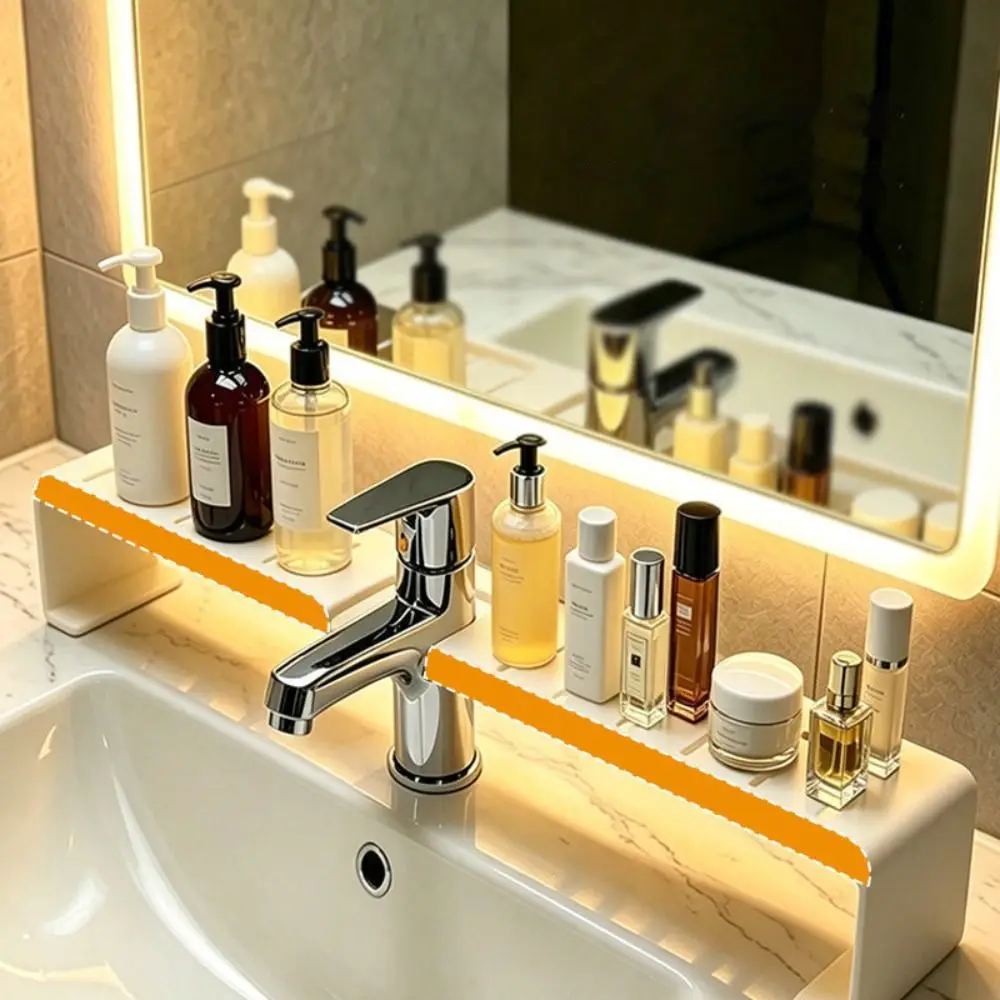 No Drilling Universal Faucet Shelf Space-Saving Hollow-Out Countertop Storage Rack Rust-Resistant Sturdy Vanity Storage Shelf
