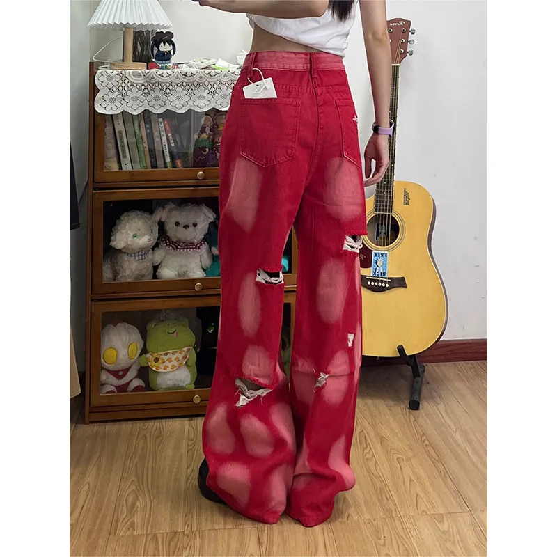 Women Red Hole Design Straight Leg Jeans for Summer Aytumn High End New Loose Commuter Vintage Style Floor Piercing Denim Pants