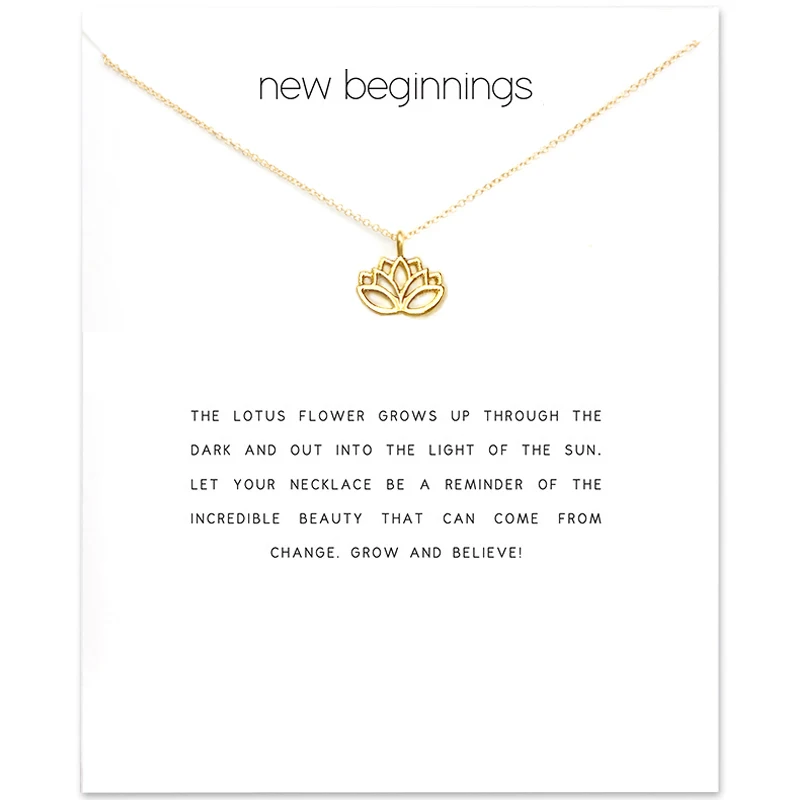 New Beginnings lotus flower Charm Pendant Necklaces For Women Religion Gifts with Message Card Alloy Reminder Power Jewelry