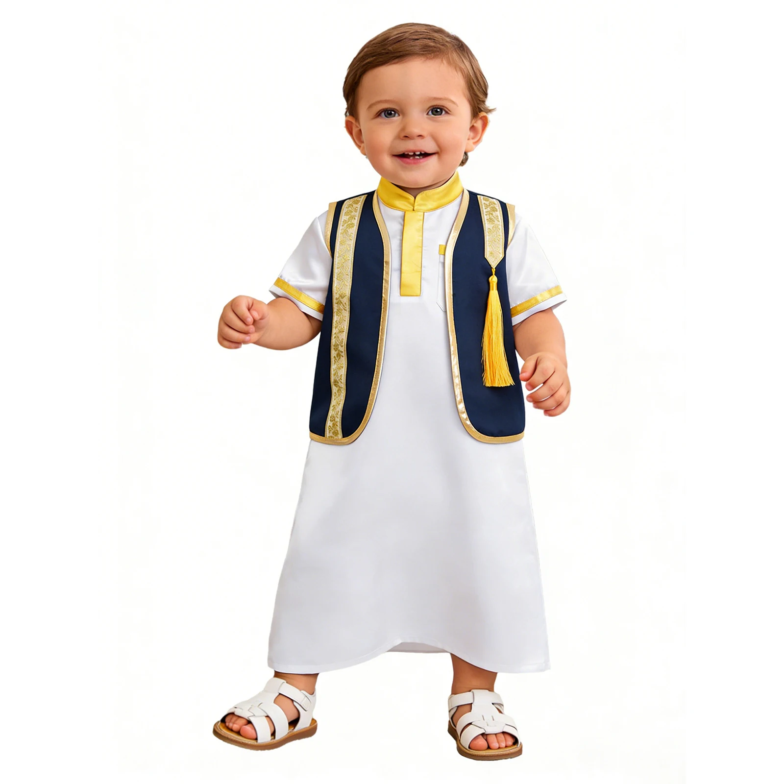 

Детский мусульманский костюм для мальчиков и девочек на Рамадан и Ид: атласный халат-тоб с ретро-жилетом, арабский дубайский исламский молитвенный костюм-абайя-кафтан